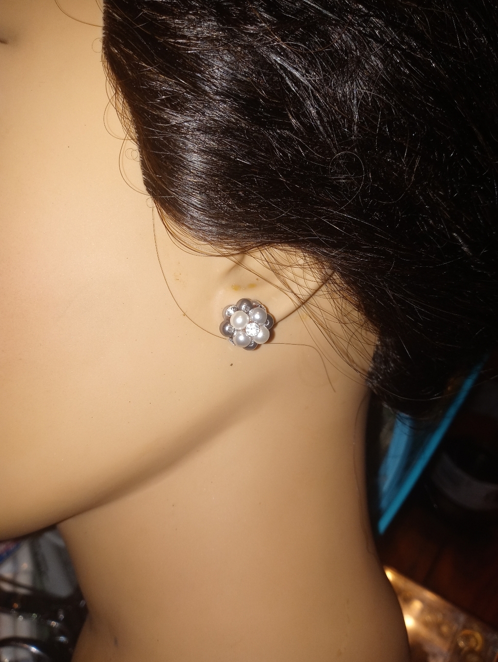 White & Gray Pearl Cluster Earring With Clear Crystal Accents
